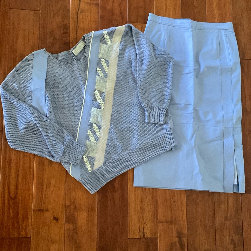Nannell Leather Skirt & Embellished Sweater Sz 14 Vintage 80's Periwinkle outfit